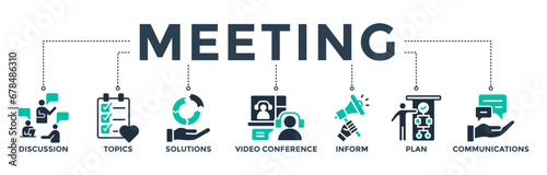Meeting banner web icon vector illustration for business meeting and discussion with communications, topics, solutions, plan, inform and video conference icon