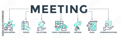 Meeting banner web icon vector illustration for business meeting and discussion with communications, topics, solutions, plan, inform and video conference icon
