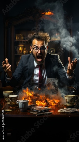 Aggressive businessman shouting at workplace in burning office  AI