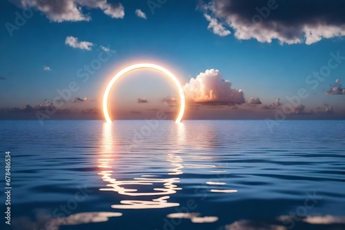 fantasy background with glowing neon ring and white cloud above the calm water. Abstract seascape © Amazing-World