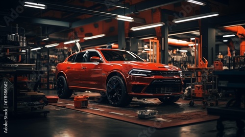 The image shows a red Dodge Charger SRT Hellcat parked in a garage © 29August