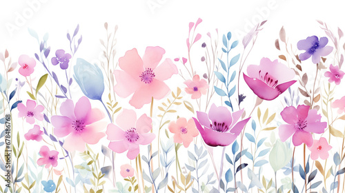Watercolour illustration, wild blooming floral pattern, greeting card template