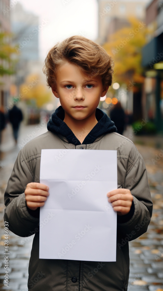 Young boy with a contemplative look holding a white sign on an autumn city street, space for personalized content.
Young boy with a contemplative look holding a white sign on an autumn city street, space for personalized content.