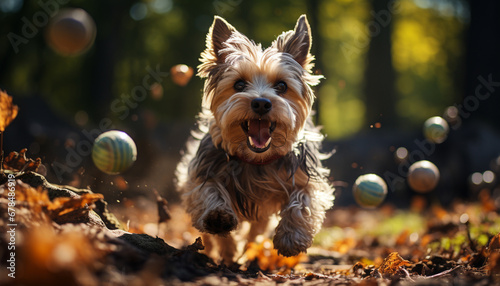 A cute terrier puppy playing with a yellow ball outdoors generated by AI © Stockgiu