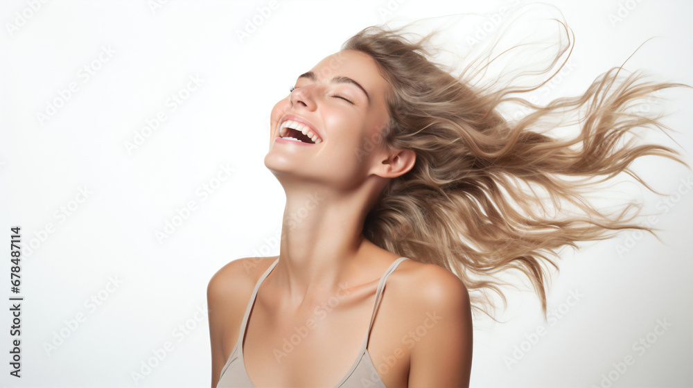 Portrait of a woman enjoying feeling freedom on isolated solid white background Portrait of a woman enjoying feeling freedom on isolated solid white background