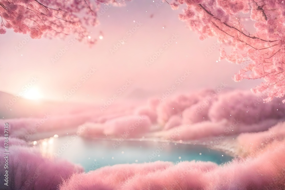 Magic, dreamy, surreal fairytale world in pastel pink colours, digital illustration