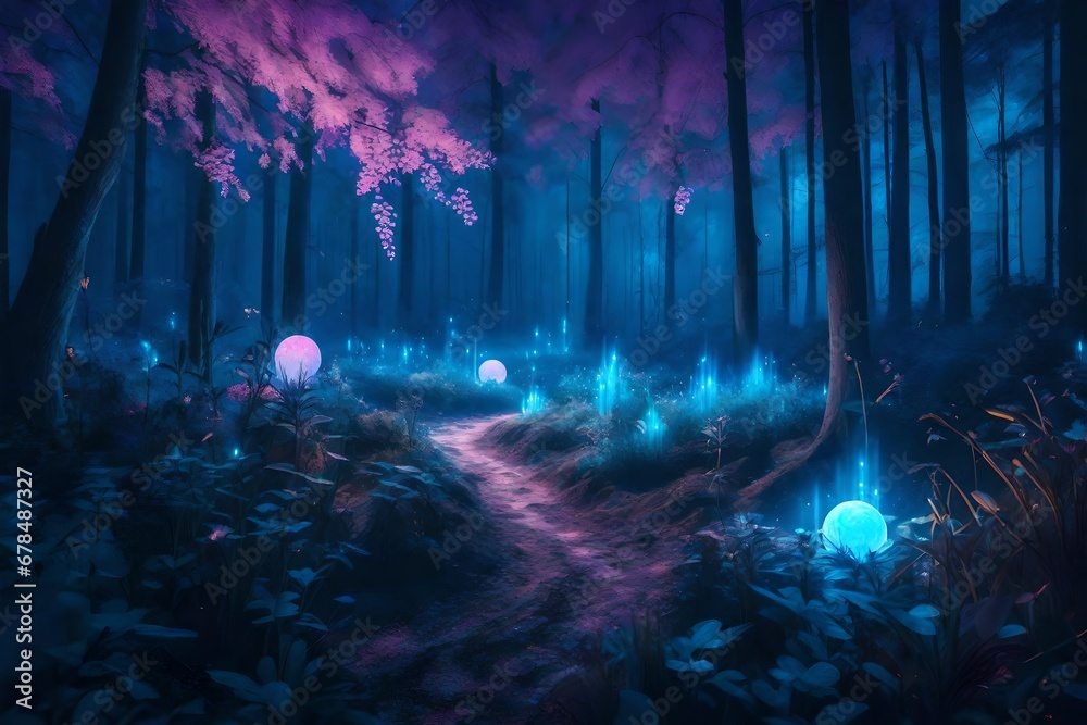 Colorful bioluminescence plants in forest, crystals and glowing path, fireflies, Pandora planet at night, blue and pink glow, epic landscape in background