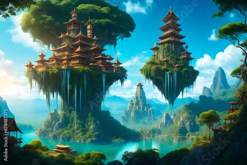 Fantasy floating in the blue sky. City in the clouds. Temple on top of mountain. Beautiful Waterfalls in the mountains. Tropical rainforest