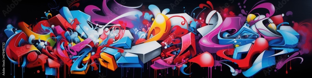 Fototapeta premium Banner image featuring a large dynamic graffiti artwork with bright, vibrant colors, showcasing the energetic and expressive nature of urban art.