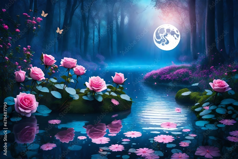 Fantasy magical enchanted fairy tale landscape with forest lake, fabulous fairytale blooming pink rose flower garden and butterflies on mysterious blue background and glowing moon ray in night