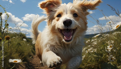 Cute puppy sitting in meadow, looking at camera, pure joy generated by AI