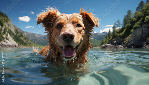 Cute puppy sitting outdoors, enjoying the summer water fun generated by AI