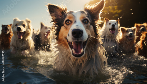 Cute puppy playing in water, joyful retriever swimming with friends generated by AI