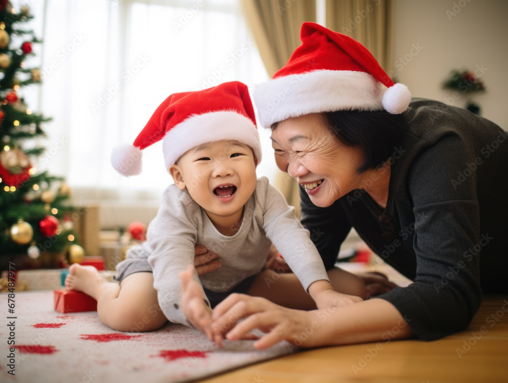Grandparents and grandchildren celebrate Christmas in the living room Grandparents and grandchildren celebrate Christmas in the living room