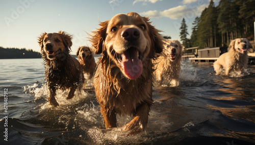 Cute puppy playing in water, purebred retriever brings joy generated by AI