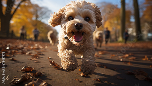 Cute puppy playing in autumn forest, joyful and cheerful generated by AI