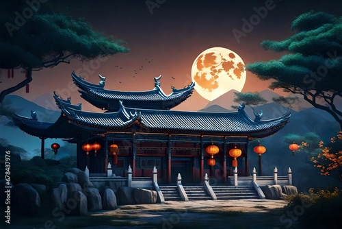 Beautiful Fantasy landscape with ancient night and full moon. village. Trees. 3D vector illustration. Digital