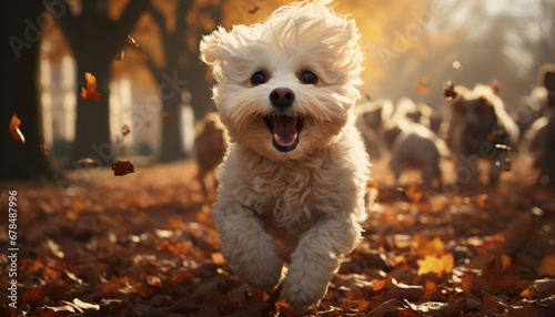 Cute puppy playing outdoors, enjoying autumn beauty in nature generated by AI