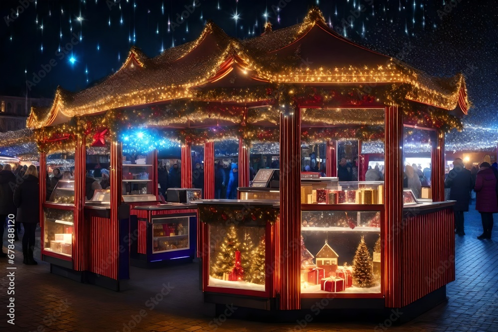 Illuminated Christmas fair kiosk with loads of shining decoration merchandise, no logos, with glittering magical stars raining down