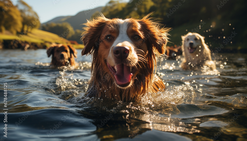 Golden retriever puppy playing in the water, pure joy and fun generated by AI Golden retriever puppy playing in the water, pure joy and fun generated by AI