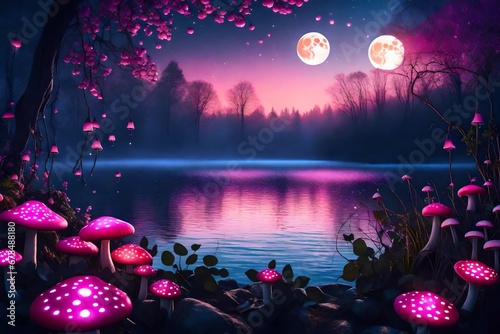 Fantasy mushrooms with lanterns in magical enchanted fairy tale landscape with forest lake, fabulous fairytale blooming pink rose flower garden on mysterious background, glowing moon ray in dark night photo