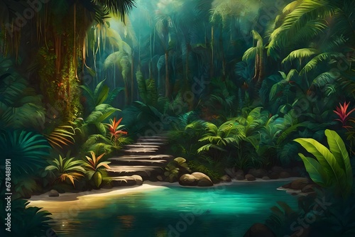 Illustration painting of fantasy tropical jungle environment colorful vector concept art