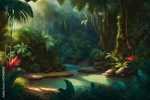Illustration painting of fantasy tropical jungle environment colorful vector concept art