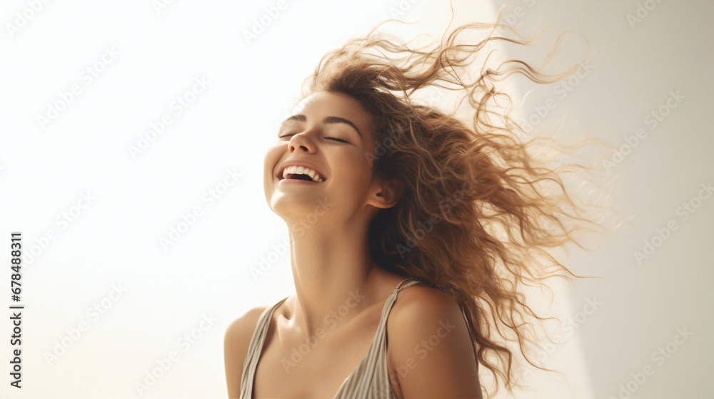 Portrait of a woman enjoying feeling freedom on isolated solid white background Portrait of a woman enjoying feeling freedom on isolated solid white background