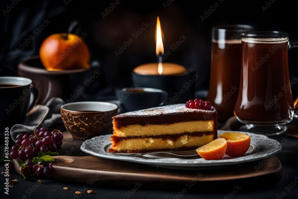 Still life with a piece of cake and morning tea - a delicious breakfast on a dark background.