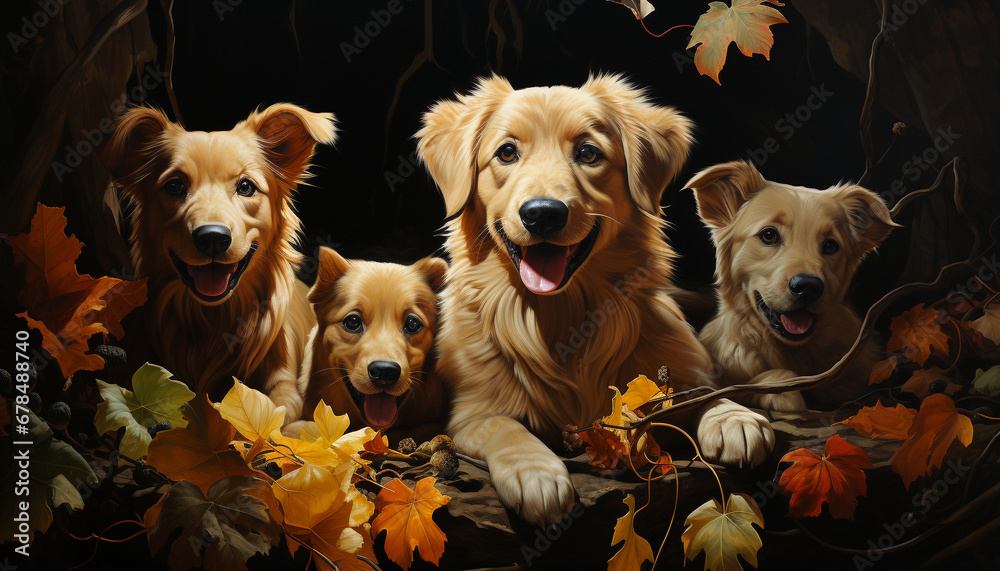 Cute puppy sitting outdoors, surrounded by autumn leaves and nature generated by AI
