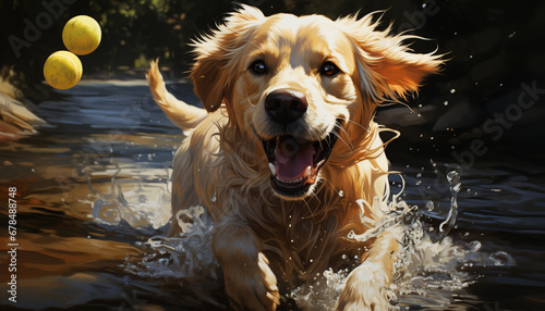Cute puppy playing in water, wet and joyful outdoors generated by AI