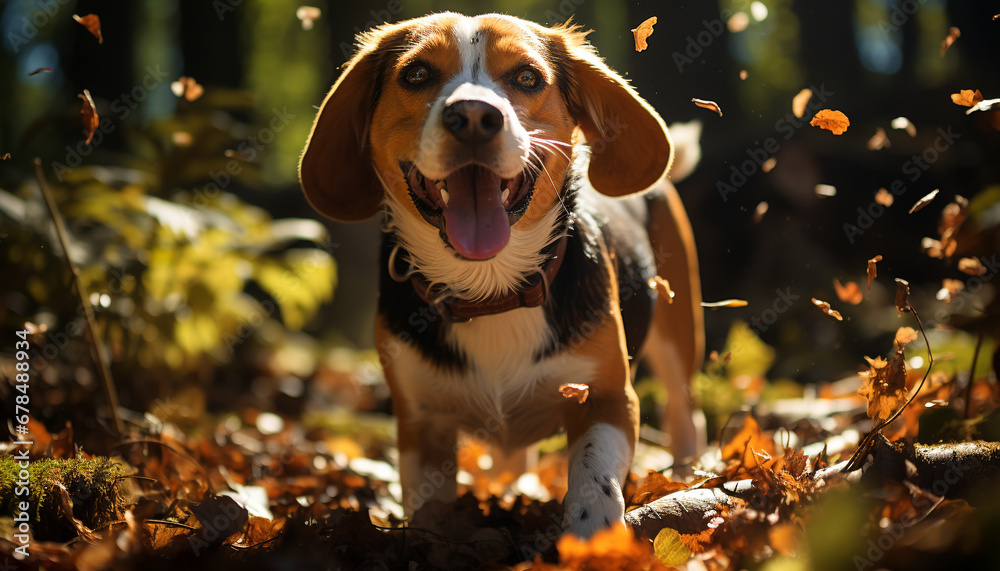 Cute puppy sitting in grass, looking at autumn leaves generated by AI Cute puppy sitting in grass, looking at autumn leaves generated by AI