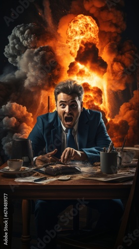 Aggressive businessman shouting at workplace in burning office, AI