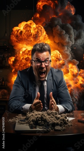Aggressive businessman shouting at workplace in burning office, AI