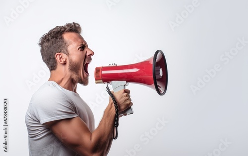 Side view of a man shouting into a loudspeaker © piai