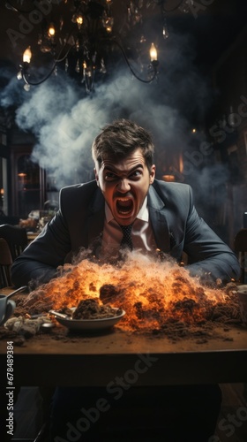 Aggressive businessman shouting at workplace in burning office, AI