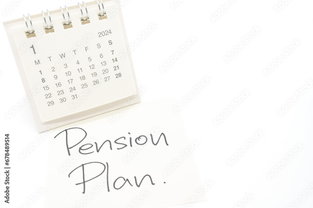 Start Jan 2024 desk calendar. Goals, Pension Plan, Money Saving, Retirement fund, Pension, Investment and Financial concept. Concept for retirement or savings. Start Jan 2024 desk calendar. Goals, Pension Plan, Money Saving, Retirement fund, Pension, Investment and Financial concept. Concept for retirement or savings.