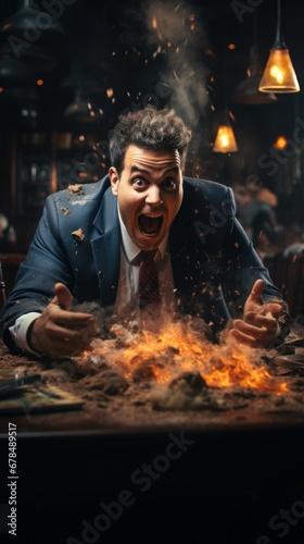 Aggressive businessman shouting at workplace in burning office  AI