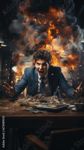 Aggressive businessman shouting at workplace in burning office  AI