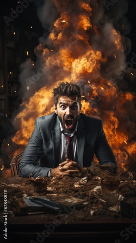 Aggressive businessman shouting at workplace in burning office, AI