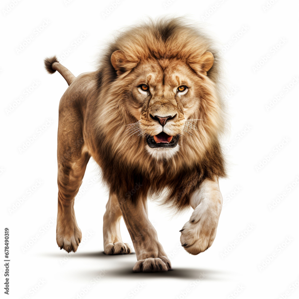 A lion runing on white background. Generative AI
