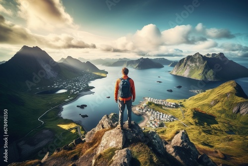 Man standing on the top of a mountain and enjoying the view © Rudsaphon