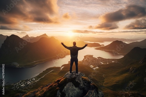 Man standing on the top of a mountain and enjoying the view