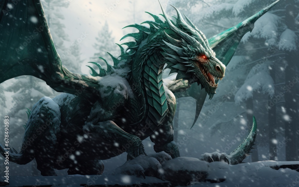 Green dragon in mountains in winter, fantasy art symbol of the New Year 2024, AI Green dragon in mountains in winter, fantasy art symbol of the New Year 2024, AI