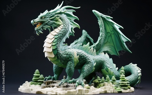 Green dragon toy on black background isolated  symbol of the year 2024  AI