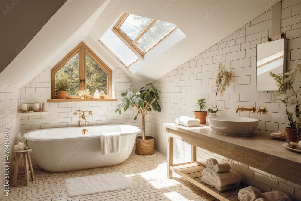 Pretty clean minimalist attic bathroom with white walls and big window Pretty clean minimalist attic bathroom with white walls and big window