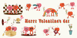 Happy Valentine's Day. Set of retro characters in groovy animation style. Trendy retro style of the 90's. Y2K. Vector illustration