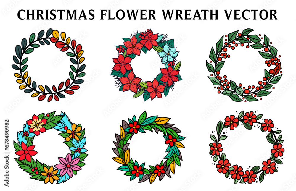Christmas Flower wreath Vector illustration set, Colorful Flower wreath Clipart Bundle