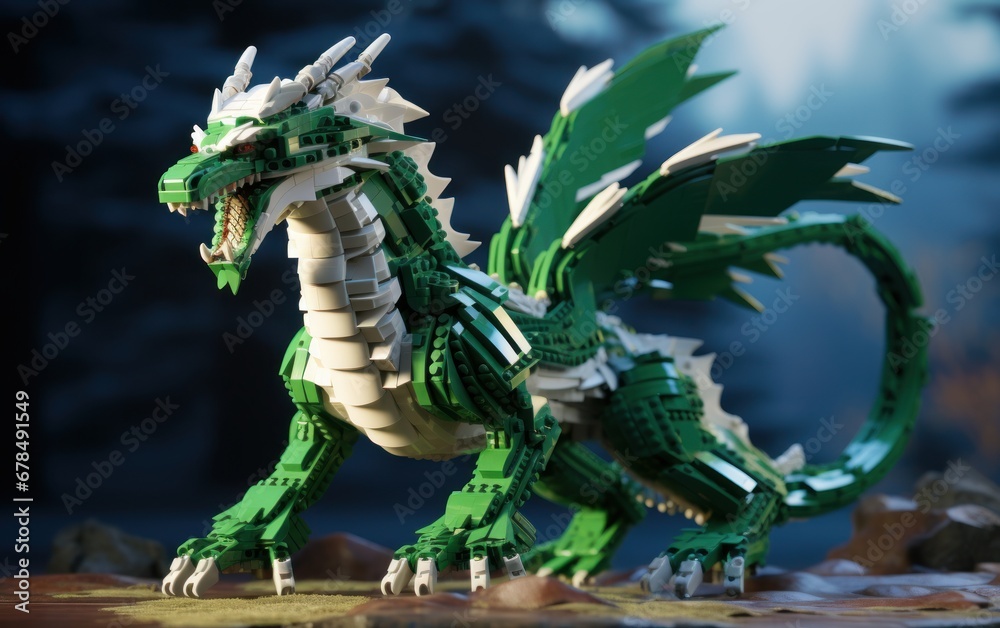 Plastic toy Green dragon assembled from pieces of construction set, AI