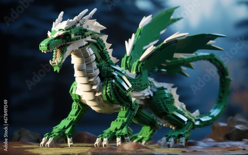 Plastic toy Green dragon assembled from pieces of construction set  AI